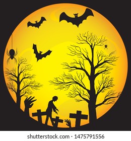 In the imagination, Halloween has a frightening atmosphere. Lonely, big round moon with horrible spirits and animals