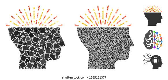 Imagination icon composition of uneven pieces in various sizes and color tints, based on imagination icon. Vector joggly pieces are united into composition.