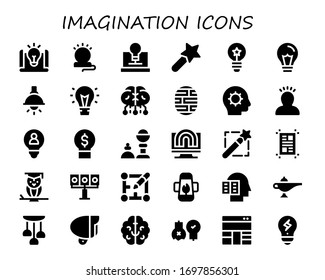 imagination icon set. 30 filled imagination icons.  Simple modern icons such as: Idea, Lamp, Creativity, Magic wand, Brain, Inspiration, Magic trick, Layout, Wisdom, Illumination