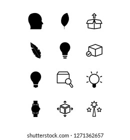 imagination icon set about head, feather, light bulb and magic wand vector set