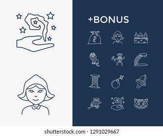 Imagination icon set and bomb with quest list, sack of money and castle. Palm related imagination icon vector for web UI logo design.