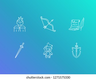Imagination icon set and bow with arrow with zombie boy, old script and sword attack. Defense related imagination icon vector for web UI logo design.