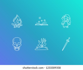 Imagination icon set and child with dead man hand, magic book, necromancer. Campfire related imagination icon vector for web UI logo design.