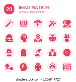 imagination icon set. Collection of 20 filled imagination icons included Magic wand, Layout, Brainstorming, Wand, Mental health, Brain, Cognitive, Lamp, Magician hat, Paint can