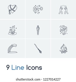 Imagination icon set and cursed heart with battle, flying broom and rainbow. Dead related imagination icon vector for web UI logo design.