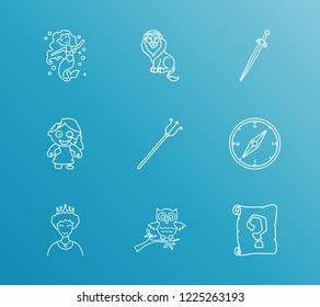 Imagination icon set and devil trident with owl on branch, queen and sitting lion. Naiad related imagination icon vector for web UI logo design.