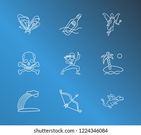 Imagination icon set and dragon with oasis, fairy and bow with arrow. Island related imagination icon vector for web UI logo design.