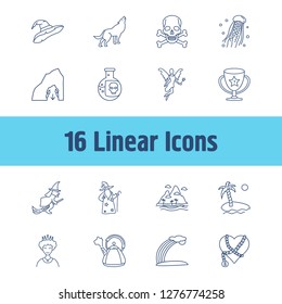 Imagination icon set and fairy with reward, poison and medusa. Wizard cap related imagination icon vector for web UI logo design.