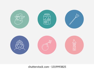 Imagination icon set and flask with eyeball with troll, devil trident and tower. Poseidon related imagination icon vector for web UI logo design.
