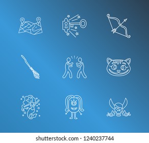 Imagination icon set and mermaid with bow with arrow, pirate and cheshire cat. Broomstick related imagination icon vector for web UI logo design.