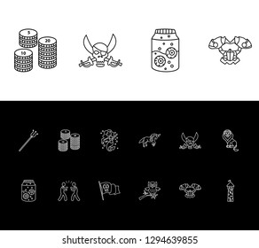 Imagination icon set and mermaid with coins, pirate flag and flask with eyeball. Currency related imagination icon vector for web UI logo design.