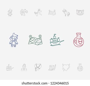 Imagination icon set and old script with location map, king and cursed heart. Royal related imagination icon vector for web UI logo design.