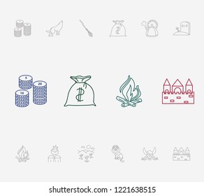 Imagination icon set and pirate with desert, king and castle. Wolf related imagination icon vector for web UI logo design.