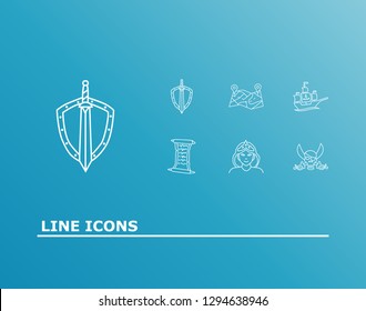 Imagination icon set and pirate with ship, quest list and princess. Vessel related imagination icon vector for web UI logo design.