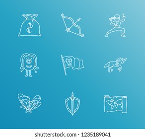Imagination icon set and weapons with monster, bow with arrow and butterfly. Emblem related imagination icon vector for web UI logo design.