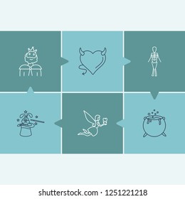 Imagination icon set and witch boiler with magicians hat, king and evil heart. Didactic related imagination icon vector for web UI logo design.