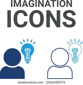 Imagination icons. Containing the mind, brainstorming, head, neuron, cognition, thinking, intelligence, and more. Solid vector icons collection.