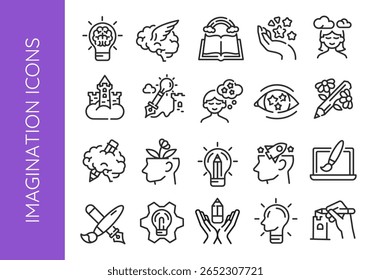 Imagination icons. Set of 20 imagination trendy minimal icons. Example: Lightbulb, Book, Cloud, Star, Castle icon. Design signs for web page, mobile app, packaging design. Vector illustration