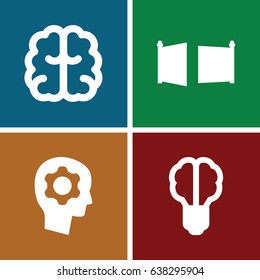 Imagination icons set. set of 4 imagination filled icons such as brain, gate, gear in head