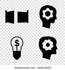Imagination icons set. set of 4 imagination filled icons such as gear in head, gate