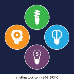 Imagination icons set. set of 4 imagination filled icons such as gear in head, fluorescent lamp, bulb with dollar