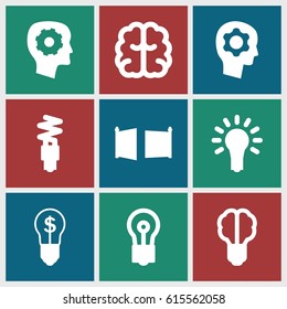 Imagination icons set. set of 9 imagination filled icons such as gear in head, brain, bulb, light bulb, fluorescent lamp