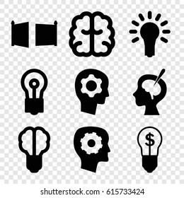 Imagination icons set. set of 9 imagination filled icons such as gear in head, brain, bulb, brain surgery, light bulb