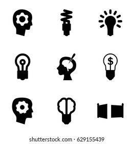 Imagination icons set. set of 9 imagination filled icons such as gear in head, bulb, brain surgery, light bulb, fluorescent lamp