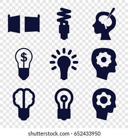 Imagination icons set. set of 9 imagination filled icons such as gear in head, bulb, brain surgery, light bulb, fluorescent lamp