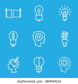 imagination icons set. Set of 9 imagination outline icons such as gear in head, bulb, brain surgery, light bulb, fluorescent lamp