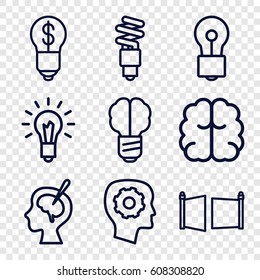 Imagination icons set. set of 9 imagination outline icons such as gear in head, brain, bulb, brain surgery, light bulb, fluorescent lamp