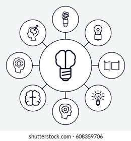 Imagination icons set. set of 9 imagination outline icons such as gear in head, brain, bulb, brain surgery, light bulb, fluorescent lamp, gate