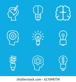 Imagination icons set. set of 9 imagination outline icons such as gear in head, brain, bulb, brain surgery, light bulb
