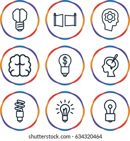 Imagination icons set. set of 9 imagination outline icons such as brain, bulb, brain surgery, light bulb, fluorescent lamp, gate