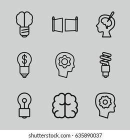 Imagination icons set. set of 9 imagination outline icons such as gear in head, brain, bulb, brain surgery, fluorescent lamp, gate, bulb with dollar