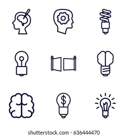 Imagination icons set. set of 9 imagination outline icons such as gear in head, brain, bulb, brain surgery, light bulb, fluorescent lamp
