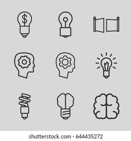 Imagination icons set. set of 9 imagination outline icons such as gear in head, brain, bulb, light bulb, fluorescent lamp