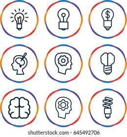 Imagination icons set. set of 9 imagination outline icons such as gear in head, brain, bulb, brain surgery, light bulb