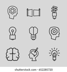 Imagination icons set. set of 9 imagination outline icons such as gear in head, brain, bulb, brain surgery, light bulb, fluorescent lamp, gate