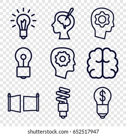 Imagination icons set. set of 9 imagination outline icons such as gear in head, brain, bulb, brain surgery, light bulb, fluorescent lamp, gate