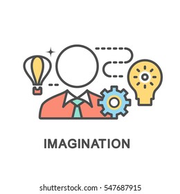 Imagination icons. The thin contour lines with color fills on white background.