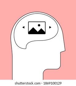 Imagination or idea concept with human head profile and image or picture preview icon inside. Minimalistic vector illustration