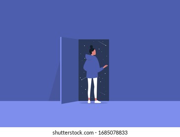 Imagination and inspiration, outer space, astrology, young female character opening a door to the unknown