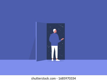 Imagination and inspiration, outer space, astrology, young male character opening a door to the unknown