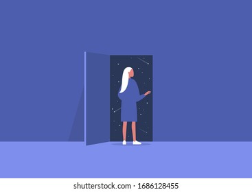 Imagination and inspiration, outer space, astrology, young female character opening a door to the unknown