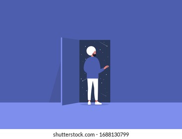 Imagination and inspiration, outer space, astrology, young indian male character opening a door to the unknown