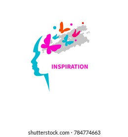 Imagination, inspiration. Profile of girl with flying butterflies. Vector