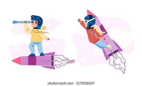imagination kid vector. dream girl boy, fun play person, success pilot, space idea travel, freedom imagination kid character. people flat cartoon illustration