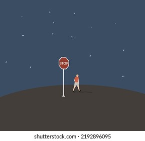 Imagination Man walking with stop sign on the moon in space. Surreal concept. Death and afterlife.