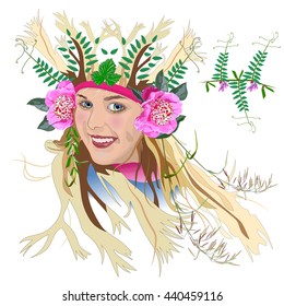 Imagination portrait of a smiling girl in summer. Forest nymph, floral character, fairy and enchantress. Magician with a crown of trees, grass, vicia sylvatica and peonies on the head. Vector 10.